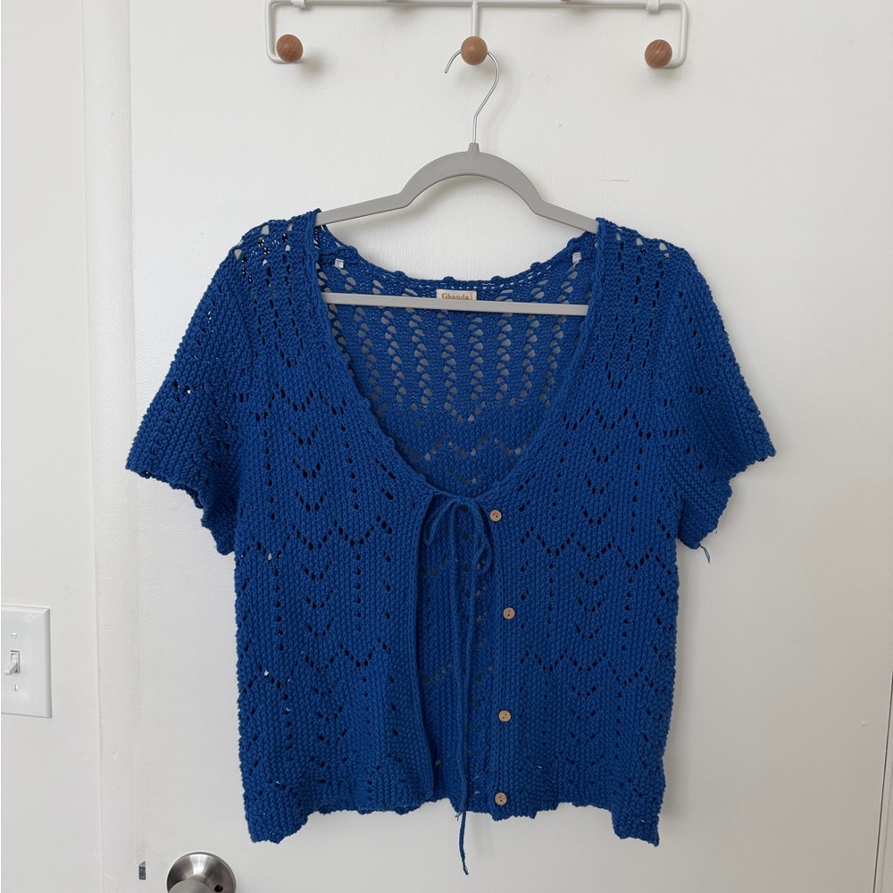 Crochet Tie-Front Knit Top - Blue